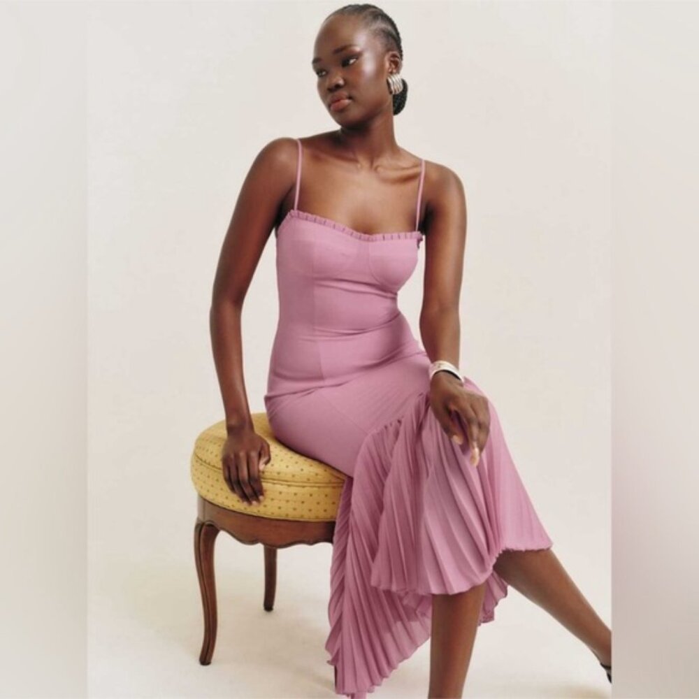 Reformation Aiko Pink Pleated Hem Midi Dress - Picture 2 of 14